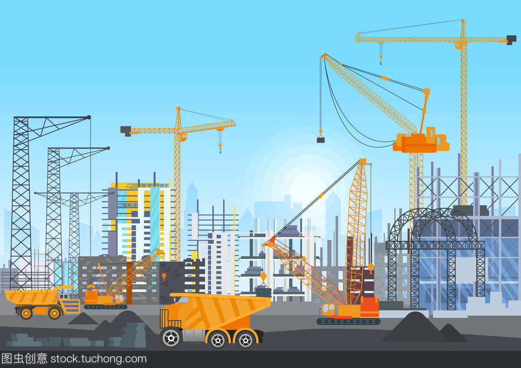 城市天際線建筑物建設施工用塔式起重機。房屋和建筑機械的建設工作進程。矢量圖